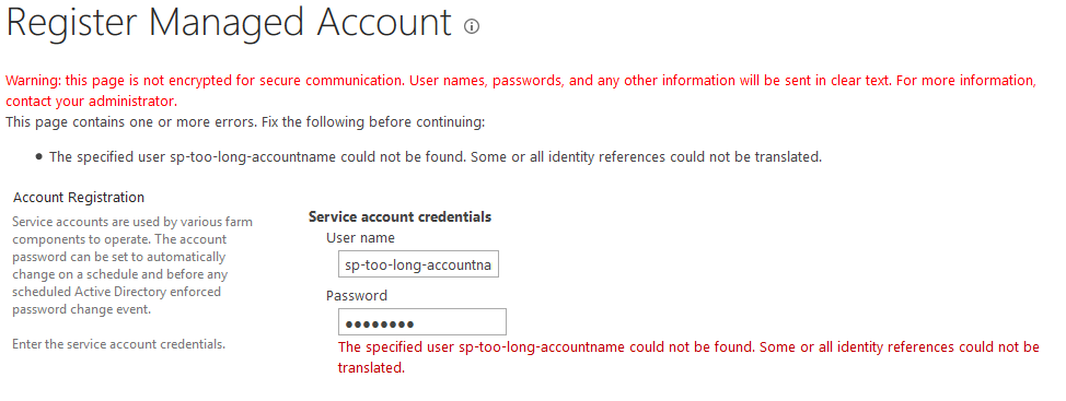managed account reg error /some-or-all-identity-references-could-not-be-translated-error-when-creating-managed-account-in-sharepoint/managed-account-reg-error-without-domain-name.png